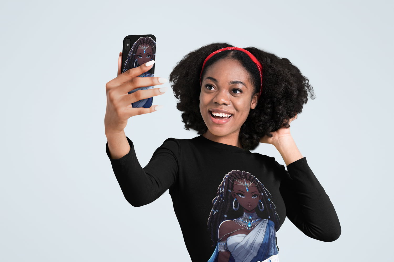 optimized long sleeve tee mockup of a joyful woman taking a selfie in a studio m34247 r el2