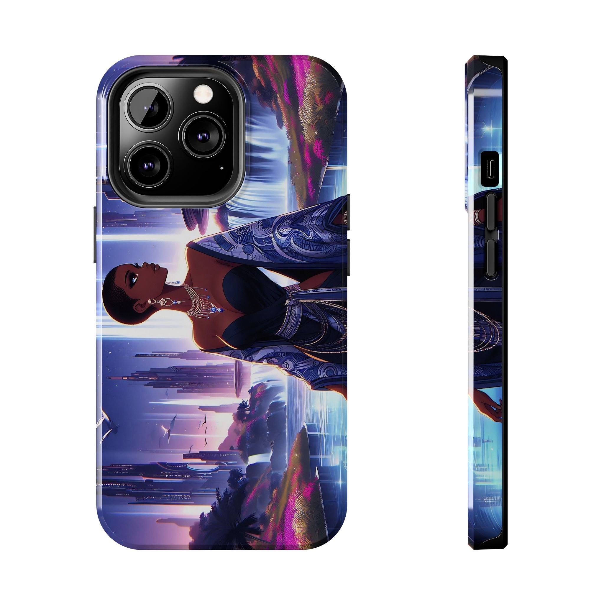 Anime Royal Black Woman in Futuristic African City V001 (High Quality Material Tough Phone Cases for iPhone & Samsung)